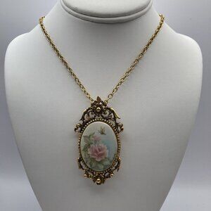 Porcelain  Combo Brooch/Pendant VTG 24" Chain Rare Quality Victoriacore Romantic